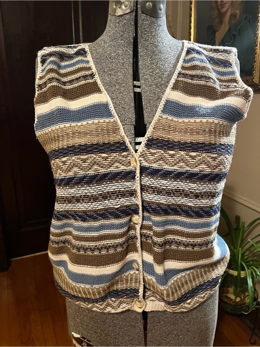 Button-Front Striped Knit Vest in Blue, Tan & Cream